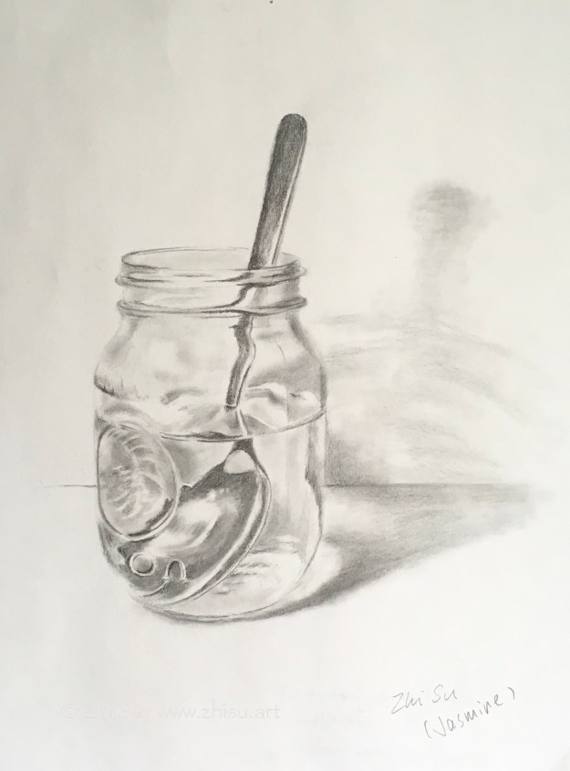 mason jar with spoon, pencil drawing