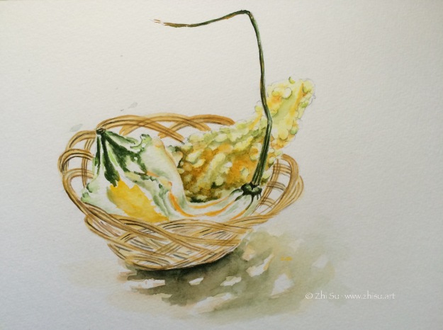 Squashes in a basket, watercolor