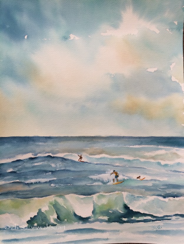 Hawaii, surfing, watercolor