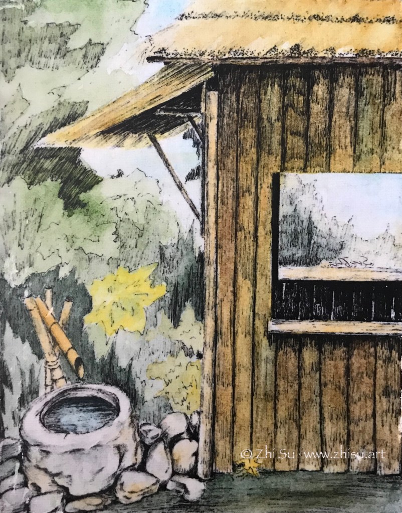 ink drawing with watercolor glaze