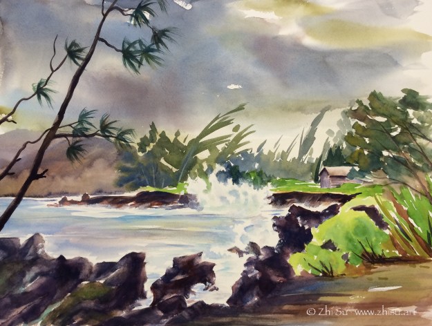 Hawaii, storm, watercolor