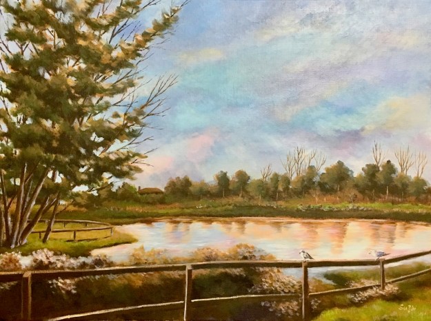 Acrylic landscape painting, Penitencia Creek Park, trees, lake, birds