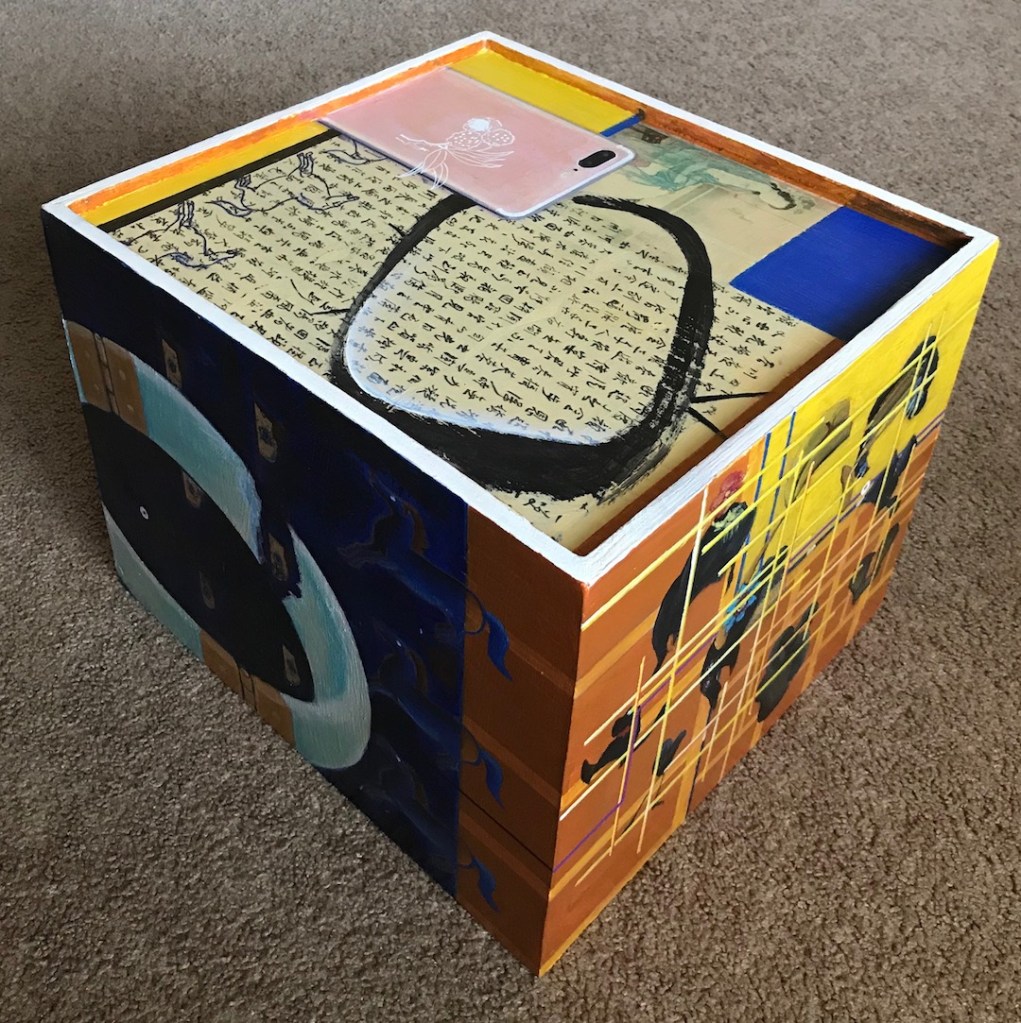 Wood box with acrylic paintings on sides, bracelet, collage, abstract  design