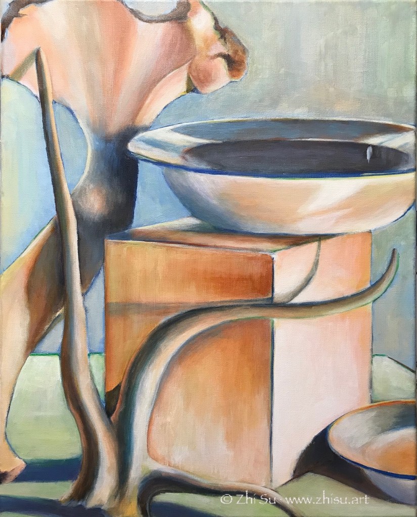Acrylic still life painting, bowl, block, bones 