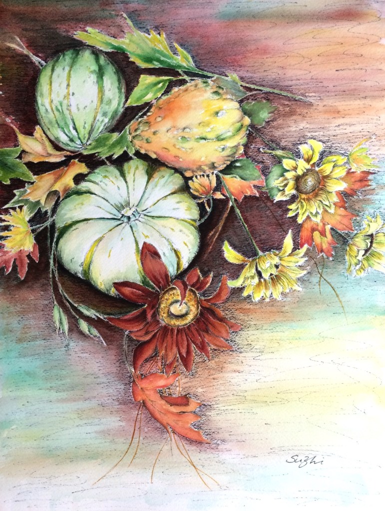 Still life with watercolor and ink, sunflowers, pumpkins, squash