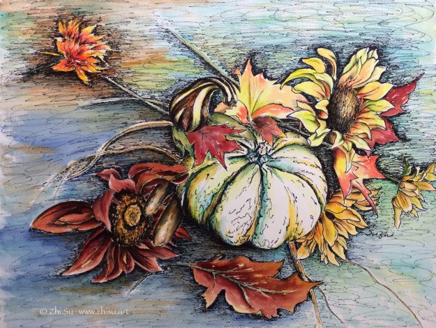 Watercolor and ink pen, pumpkins and flowers, Autumn colors