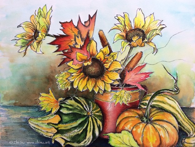 Watercolor and ink pen, squashes, pumpkins and sun flowers, Autumn colors