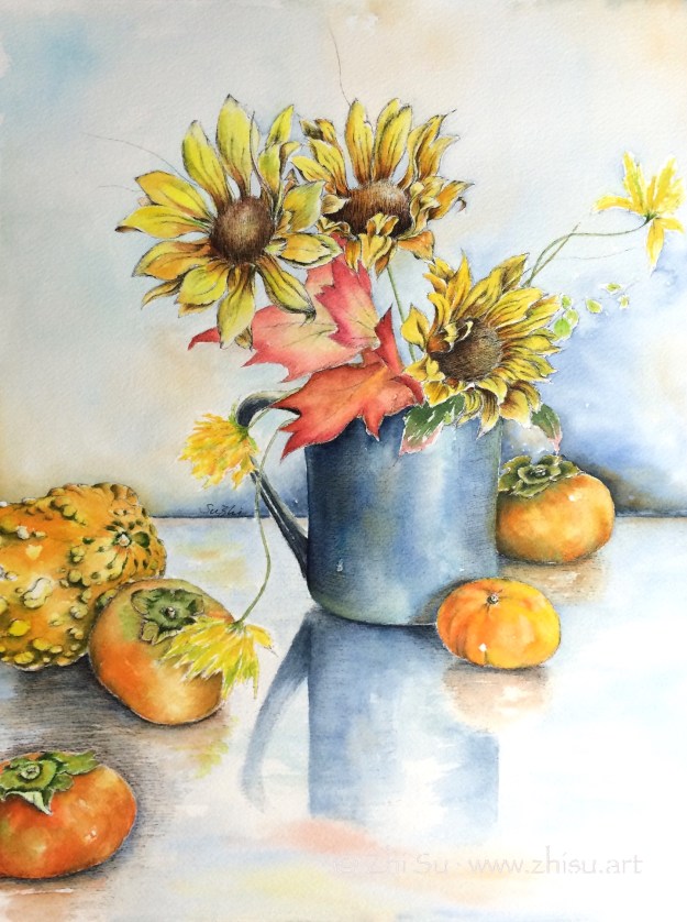Watercolor and ink pen, squashes, persimmons, and sun flowers, Autumn colors