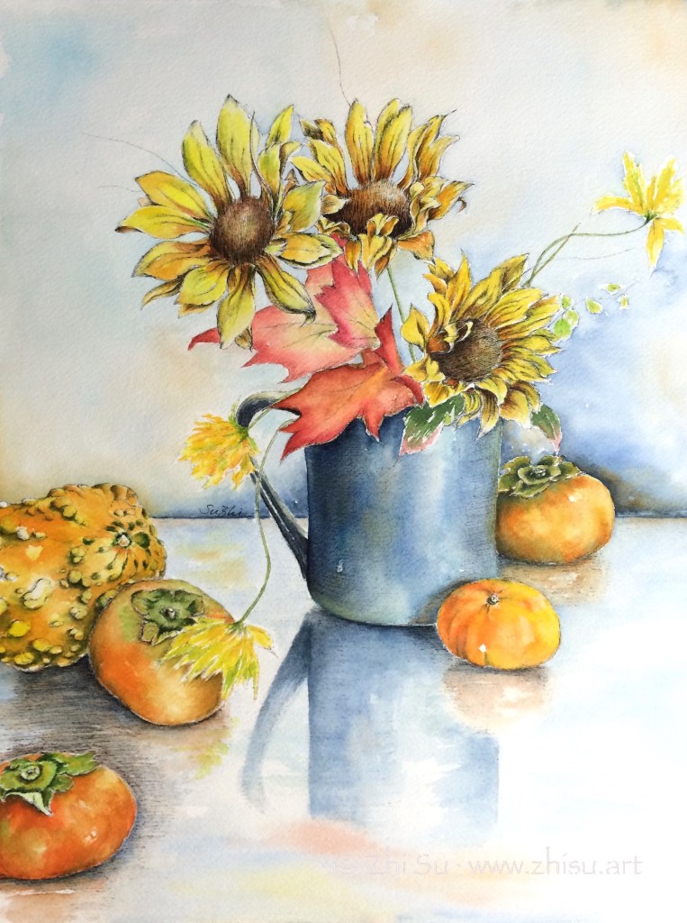 Still life with watercolor and ink, sunflowers, persimmons, squash