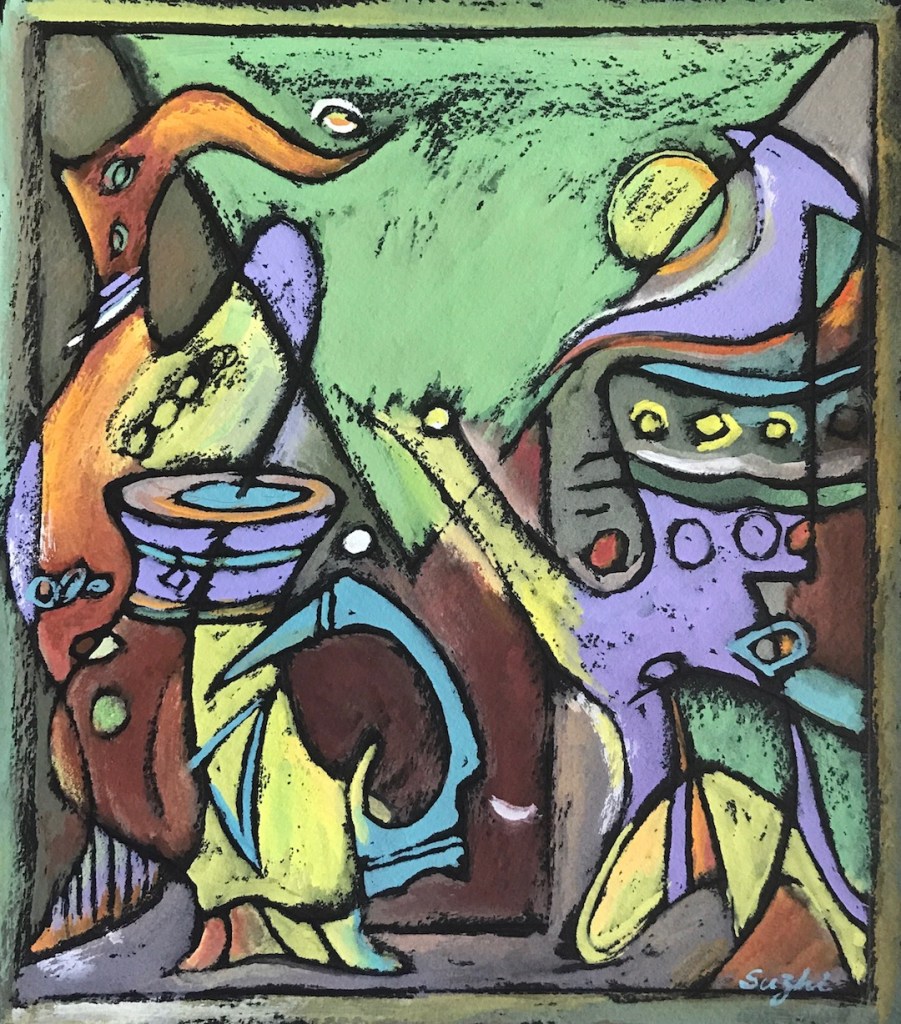 Abstract gouache painting on black paper