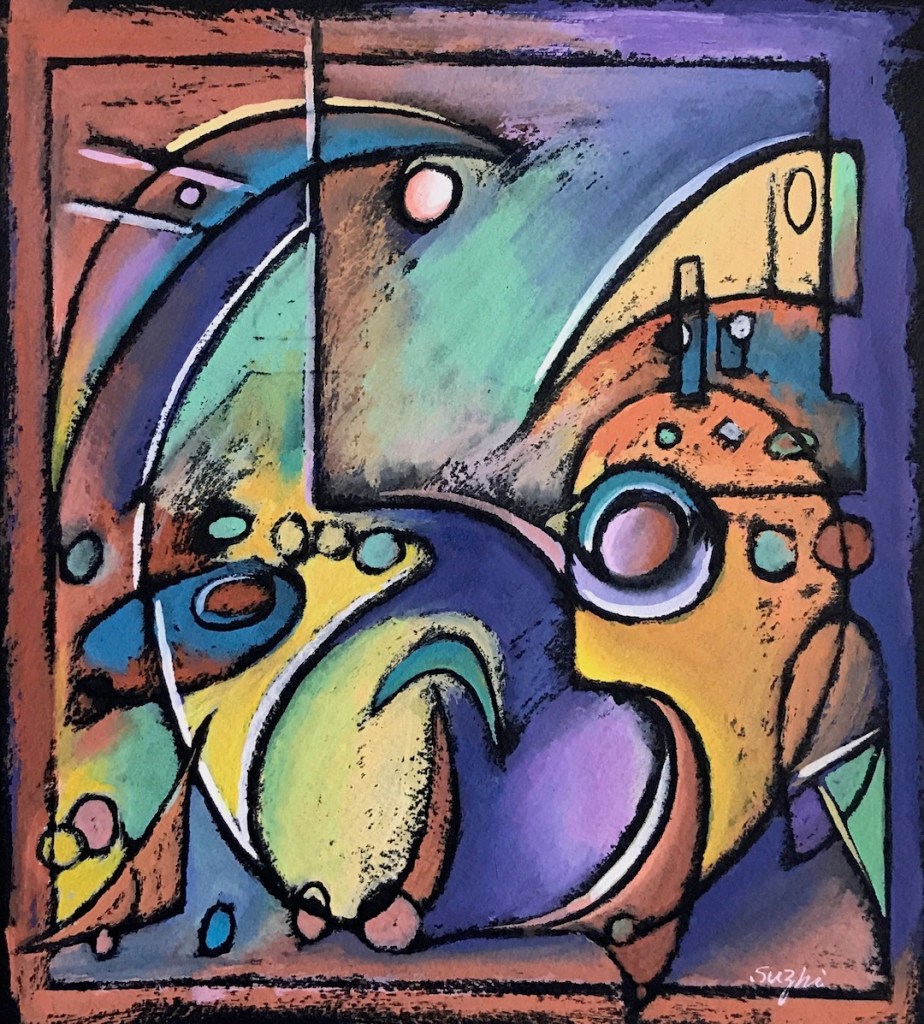 Abstract gouache painting on black paper