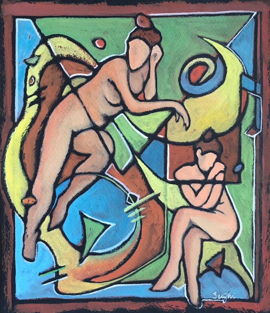 Abstract gouache painting on black paper