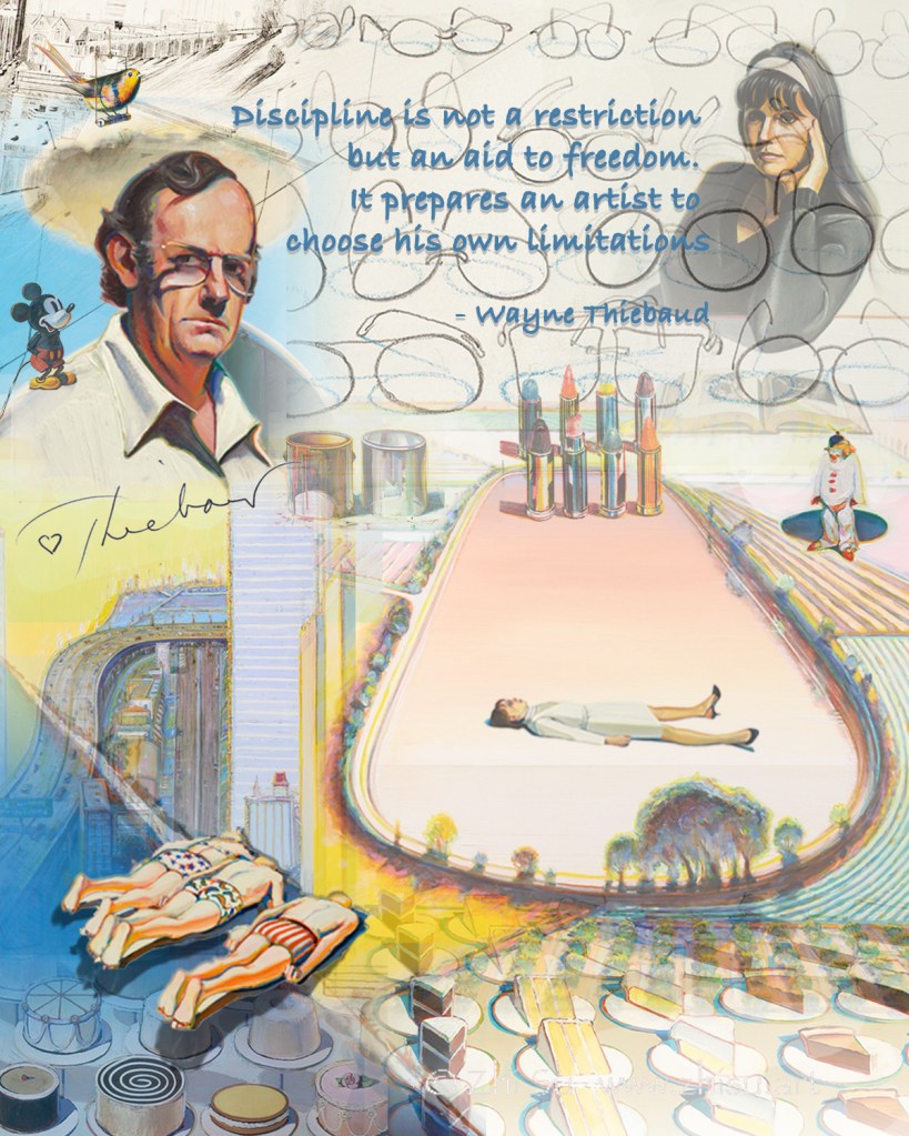 Digital poster, collage of Wayne Thiebaud paintings, tribute