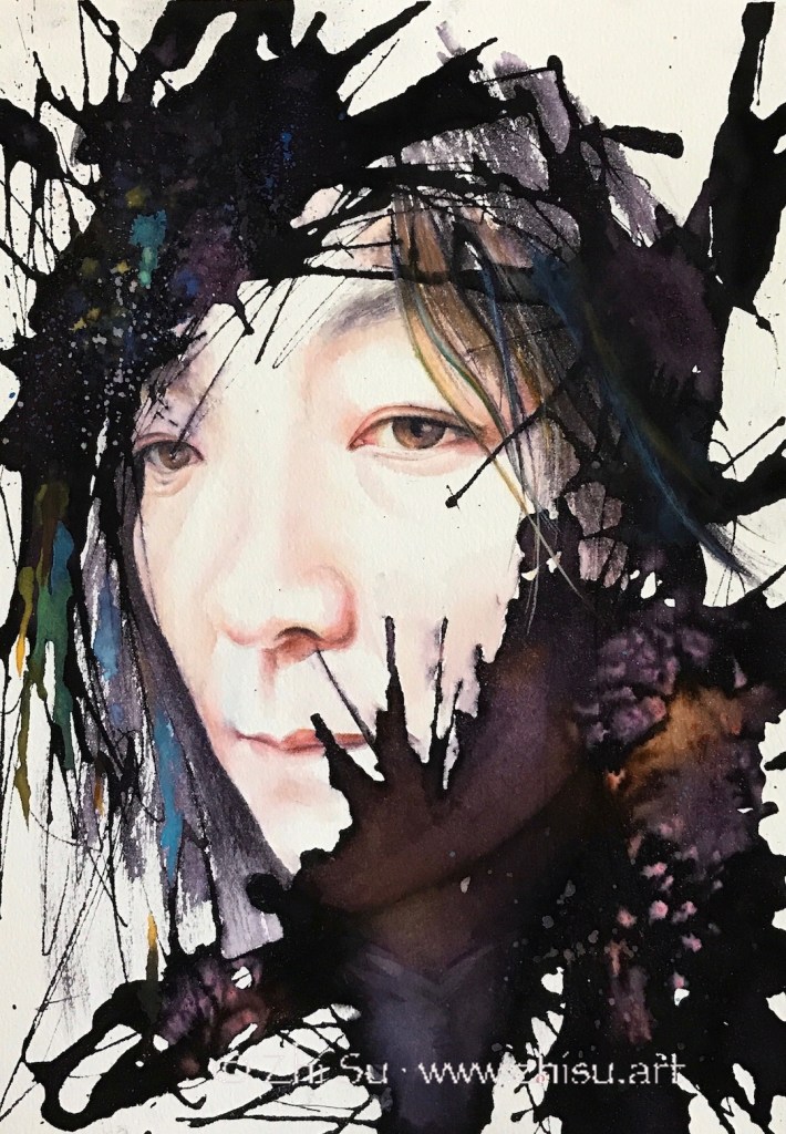 Watercolor portrait of the artist, abstract, pouring