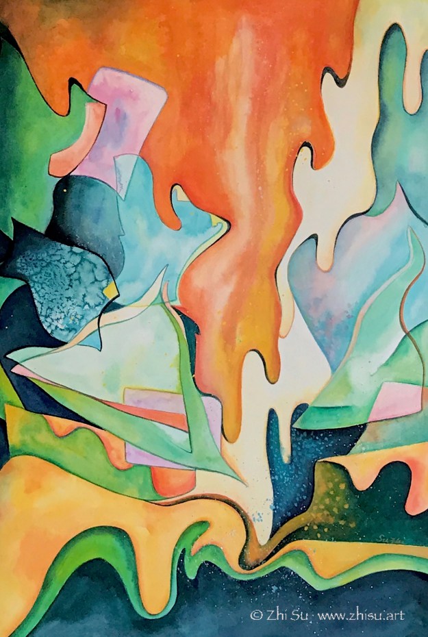 Abstract landscape, watercolor, colorful