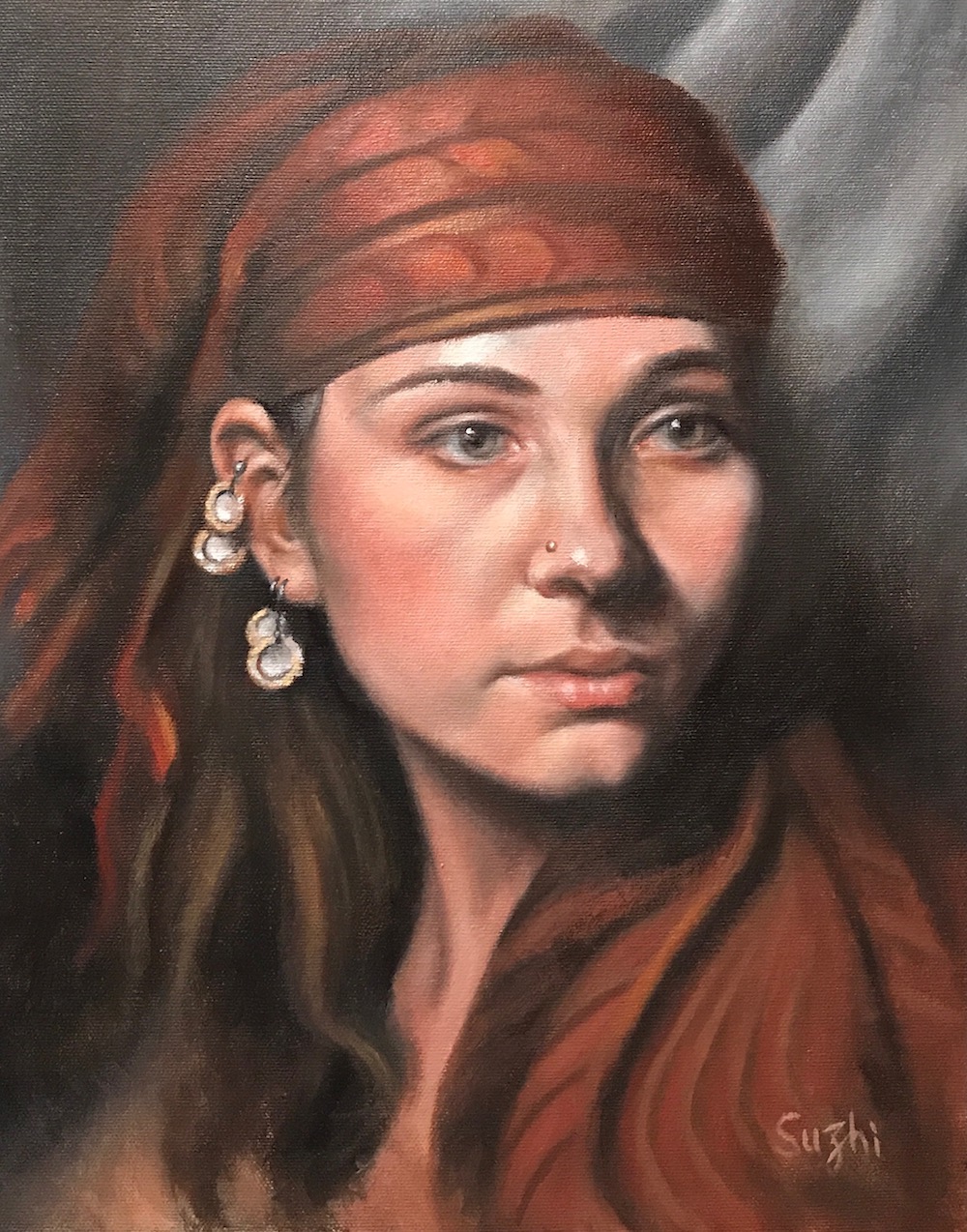 Oil painting of a young woman with head wrap, earrings, Zorn palette, realism