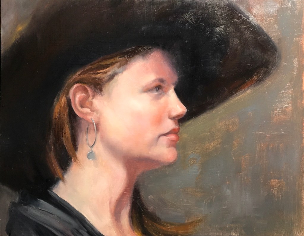 Oil painting of a woman with a hat, Zorn palette, realism