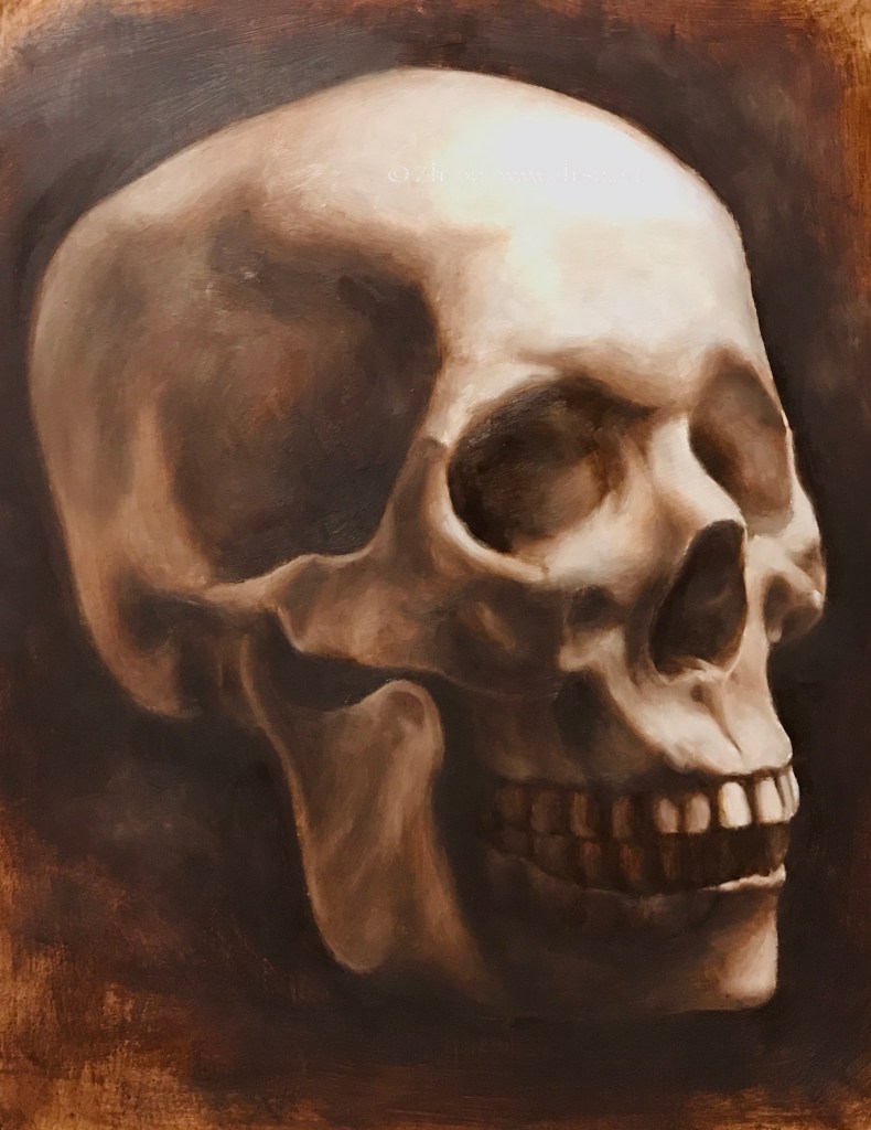 Oil painting of skull, quarter view, burnt umber