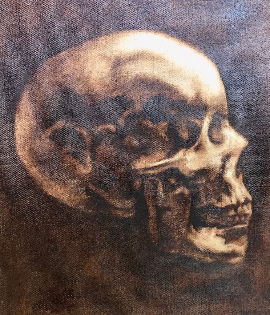 Oil painting of skull, side view, burnt umber