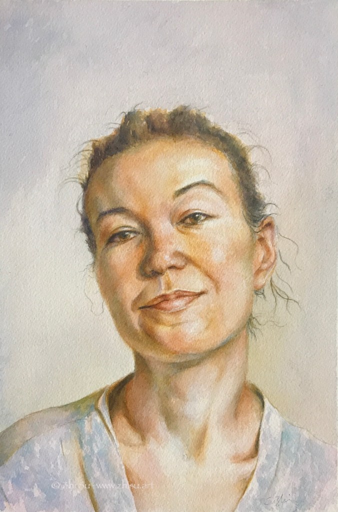 Watercolor portrait of model Felicia, Zorn palette, realism