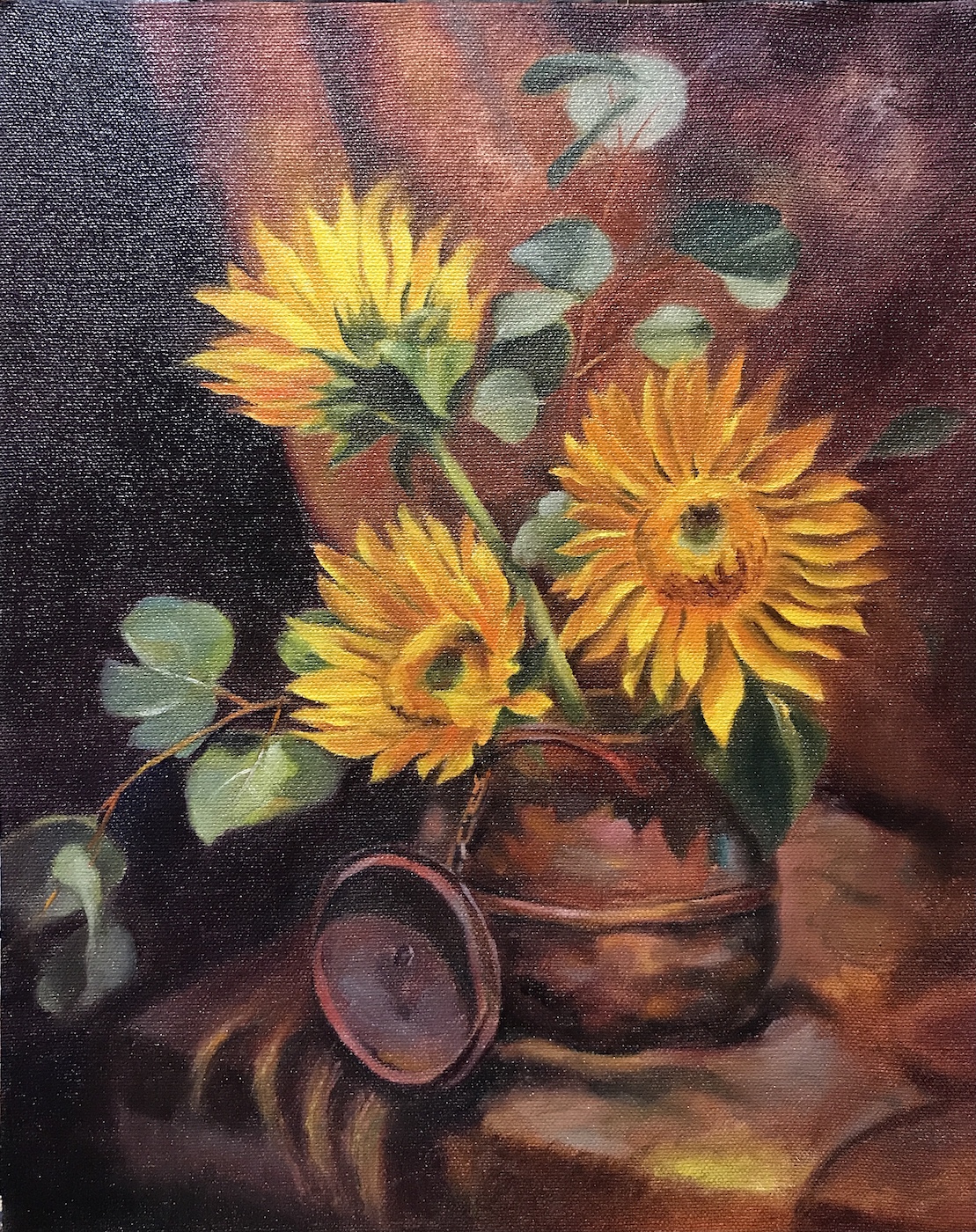 Oil painting of sunflowers in bronze jar, realism