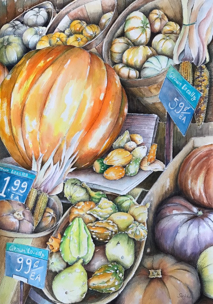 Harvest, watercolor and ink of vegetables, baskets