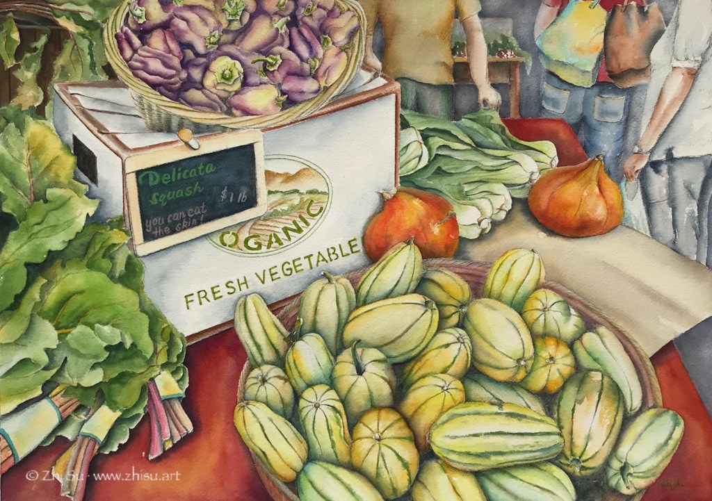 Harvest, watercolor and ink of farmer's market, vegetables, baskets, people