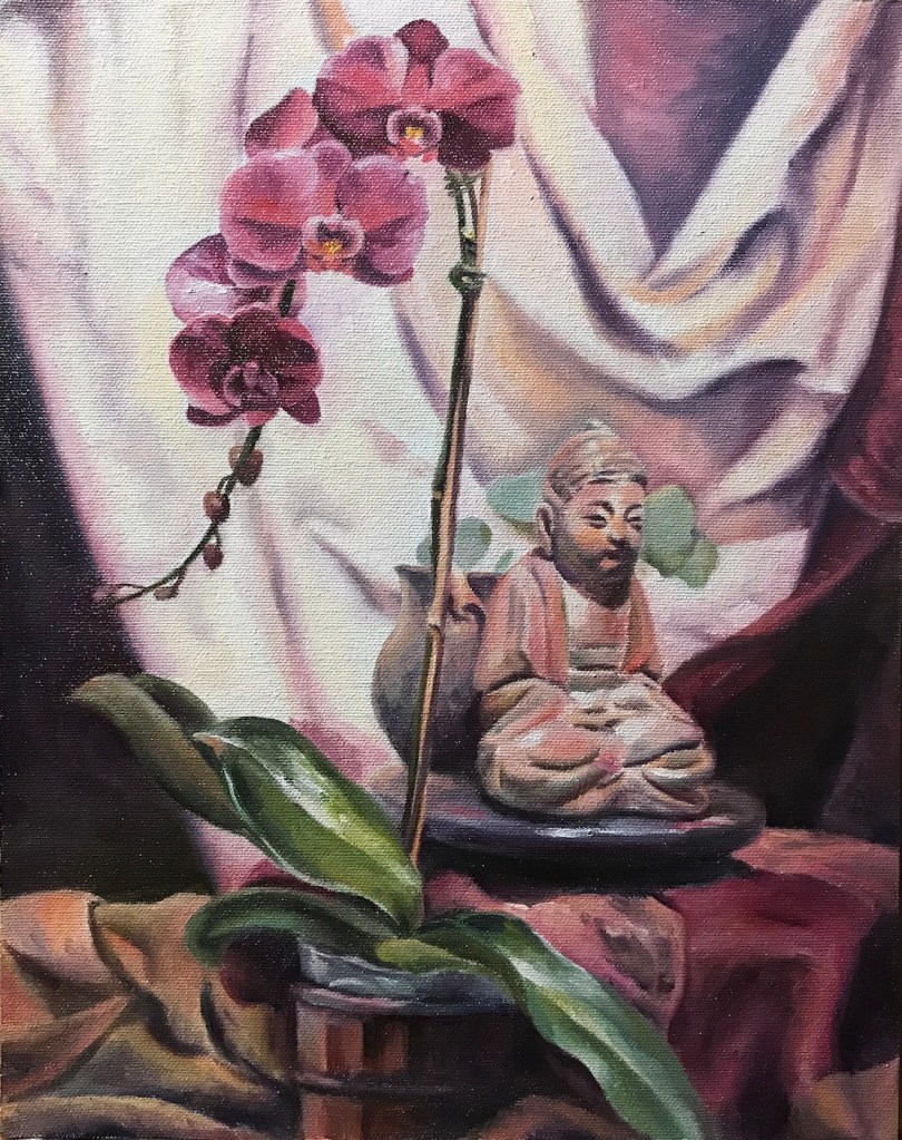 Oil painting of orchid flowers and a Buddha statue with drapery, realism
