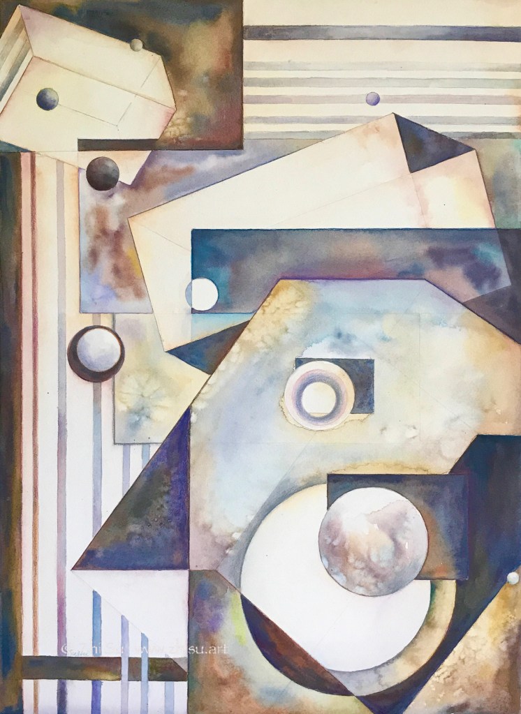 Form, abstract watercolor on paper, geometric shapes